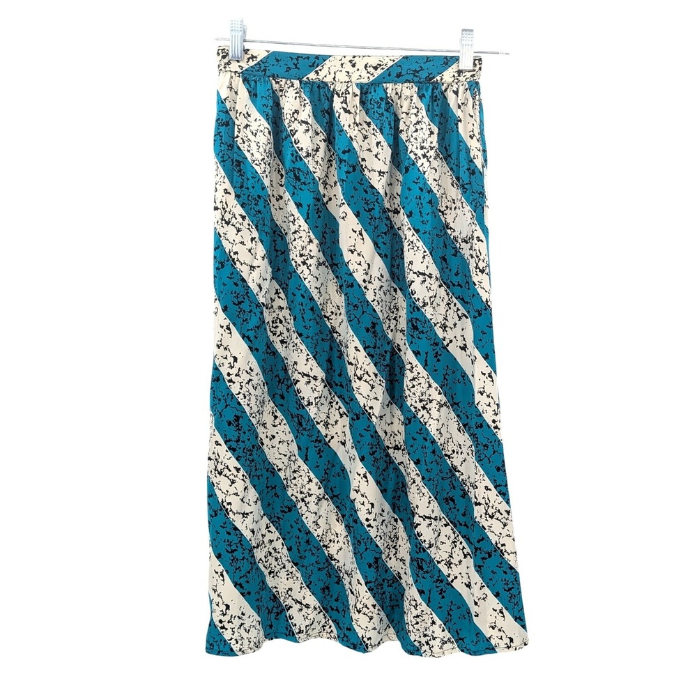Cassant teal cream abstract stripe silk midi skirt flowy‎ artsy pockets 6